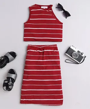 Taffykids Sleeveless Striped Coordinating Top & Skirt Set - Maroon & White