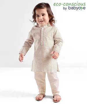 Babyoye Cotton Woven Full Sleeves Stripe Kurta Pyjama Set- Offwhite & Gold