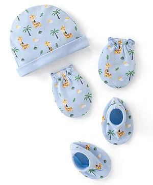 Babyhug 100% Cotton Cap Mittens & Booties Set Giraffe Print  - Blue
