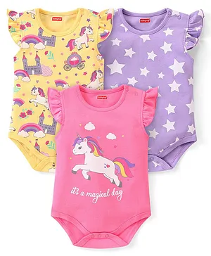 Babyhug 100% Cotton Knit Frill Sleeves Onesies Unicorn Print Pack Of 3 - Pink Yellow & Purple