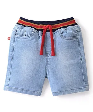 Babyhug Above Knee Length Denim Washed Bermuda  with Stretch Solid  Colour - Light Blue