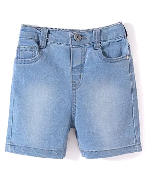 Babyhug Above Knee Length Denim Washed Bermuda with Stretch Solid Colour - Light Blue