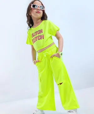 Ollington St. 100 % Cotton Half Sleeves Top with Text Print & Pant Set - Neon Green