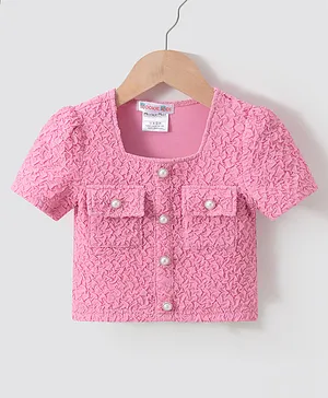 Kookie Kids Half Sleeves Textured Top Solid Colour with Pocket Detailing -  Pink