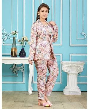 Aarika Full Sleeves Abstract Printed Silk  Co Ord Set - Cream & Pink