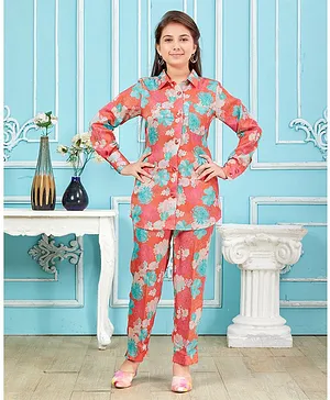 Aarika Full Sleeves Floral Printed Silk Shirt And Pant -  Peach