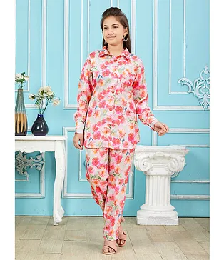 Aarika Full Sleeves Floral Printed Silk Shirt And Pant -  Pink