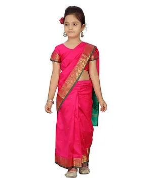 Aarika Half Sleeves  Abstract Embroidered Blouse & Saree - Rani Pink