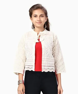Aarika Full Sleeves Paisley Embroidered Cotton  Jacket - Cream
