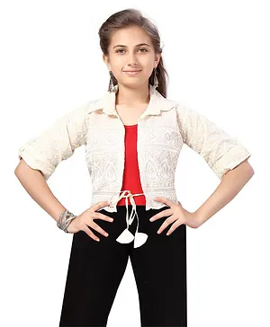 Aarika Full Sleeves Abstract  Embroidered Cotton  Jacket -  Cream
