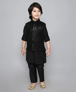 Ministitch Full Sleeves Solid Coordinating Kurta & Pyjama Set With Sequin Embroidered Jacket - Black