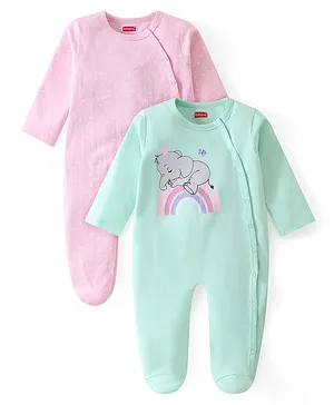 Babyhug Cotton Knit Full Sleeves Footed Sleep Suit With Elephant Print Pack Of 2 - Pink & Green