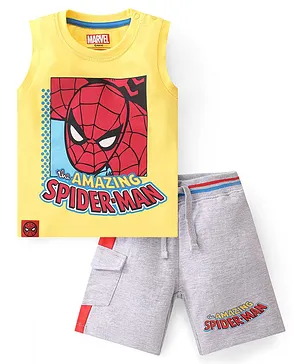 Babyhug Marvel Single Jersey Knit Sleeveless T-Shirt & Shorts With Spiderman Graphics - Yellow & Grey