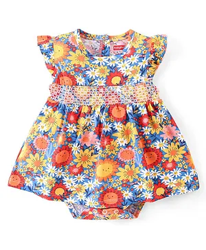 Babyhug 100% Cotton Knit Frill Sleeves Floral Printed Frock Style Onesie - Multicolour