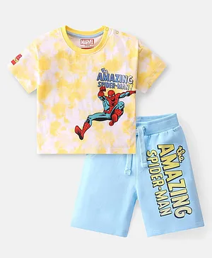 Babyhug Marvel Single Jersey Knit Oversized Half Sleeve T-Shirt & Shorts With Spiderman Graphics - Yellow & Blue