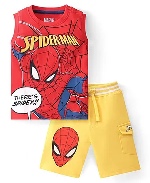 Babyhug Marvel Single Jersey Knit Sleeveless T-Shirt & Shorts With Spiderman Graphics - Red & Yellow