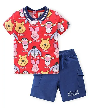 Babyhug Disney 100% Cotton Knit Single Jersey Half Sleeves T-Shirt & Short With Winnie The Pooh Graphics - Red & Navy Blue