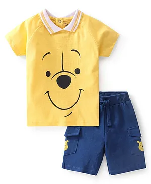 Babyhug Disney 100% Cotton Single Jersey Half Sleeve T-Shirt & Shorts With Winnie The Pooh Graphics - Yellow & Blue
