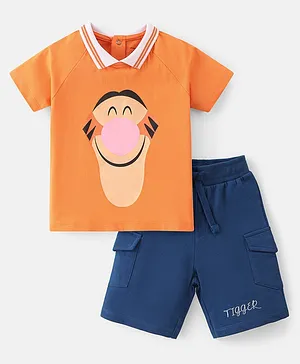 Babyhug Disney 100% Cotton Knit Single Jersey Half Sleeves T-Shirt & Shorts With Tigger Graphics - Orange & Navy Blue