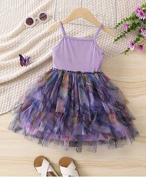 tior Sleeveless Ribbed & Abstract Printed Tutu Dress - Lavender Purple