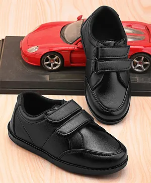 Stefens Glossy Finished Double Velcro Closure School Shoes  - Black