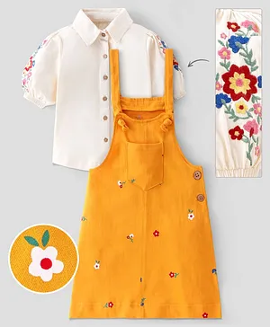 Ollington St.100% Cotton Half Sleeves Shirt on Sleeve &  Pinafore with Floral  Embroidery - Off White & Mustard