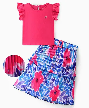 Ollington St. Cotton Short Sleeves Top & Pleated Georgette Floral Printed Skirt Set- Pink & Multicolor