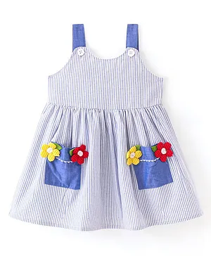 Babyhug 100% Cotton Woven Sleeveless Frock with Stripes & Floral Applique - Blue