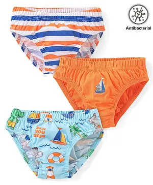 Babyhug 100% Cotton Antibacterial Briefs Boat Print Pack of 3 - Blue Orange & White
