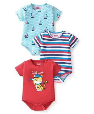 Babyhug 100% Cotton Knit Half Sleeves Tiger & Boat Printed Onesies Pack of 3 - Blue & Red