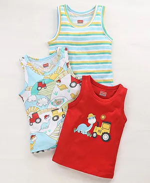 Babyoye 100% Cotton Knit Sleeveless Set of Vests With Anti Bacterial Finish Dino Print Pack of 3 - Multicolour
