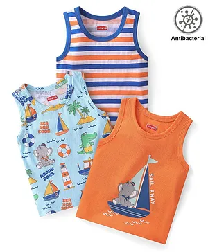 Babyhug 100% Cotton Antibacterial Sleeveless Sando with Elephant & Boat Print Pack Of 3 - Blue & Orange