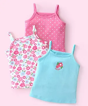 Babyhug 100% Cotton Knit Sleeveless Slips with Floral Print Pack of 3 - Pink White & Blue
