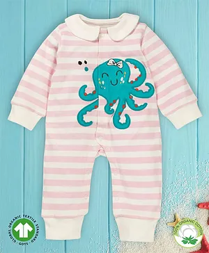 Pranava 100% Organic Cotton Full Sleeves Octopus Embroidered & Striped Romper - Baby Pink & White