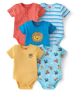 Babyhug 100% Cotton Knit Half Sleeves Striped & Lion Printed Onesies Pack of 5 - Multicolour