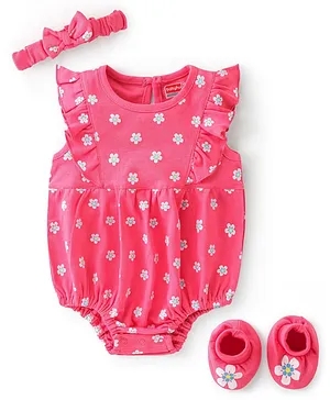 Babyhug 100% Cotton Knit Frill Sleeves Onesie with Hairband & Booties Floral Print  - Pink