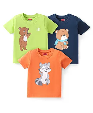Babyhug Cotton Knit Half Sleeves T-Shirt Bear Graphics Pack Of 3 - Blue Green & Orange