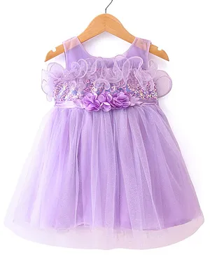 Babyhug Sleeveless Party Wear Fit and Flare Dress with Sequined Yoke and Corsage - Lavender