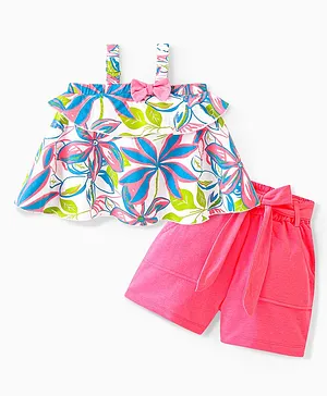 Ollington St. 100% Cotton Floral Printed Sleeveless Layered Top & Shorts - Multicolor & Neon Pink