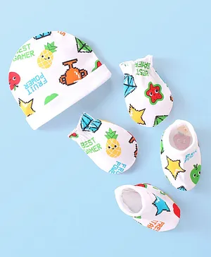 Babyhug 100% Cotton Cap Mittens & Booties Set Fruit Print - Multicolour