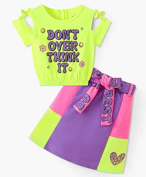 Ollington St. 100% Cotton Off Shoulder Top with Print & Colorblocked Skirt-Neon Green & Multicolor