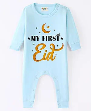 BLUSHES 100% Cotton Eid Theme Full Sleeves My First Eid Text Printed Romper - Powder Blue