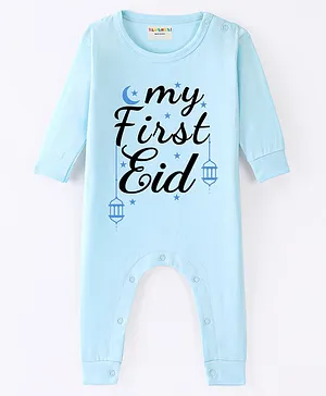 BLUSHES 100% Cotton Eid Theme Full Sleeves My First Eid Text Printed Romper - Powder Blue