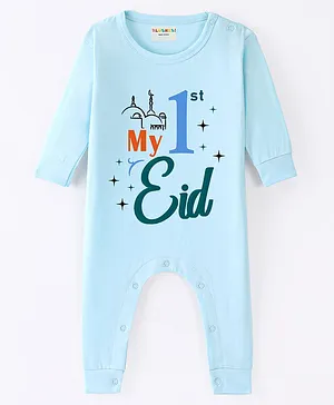 BLUSHES 100% Cotton Eid Theme Full Sleeves My 1st Eid Text Printed Romper - Powder Blue