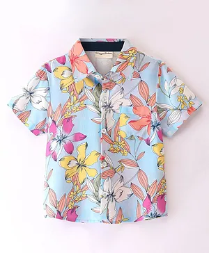 CrayonFlakes Half Sleeves Floral Printed Rayon Shirt - Blue