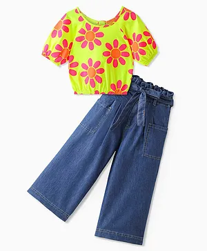 Ollington St.100% Cotton Half Sleeves Top  & Denim Culottes With Floral Print - Neon Green & Indigo