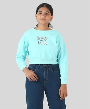 tweeny mini Cotton  Full Sleeves Happy Little Soul Text Printed Crop Sweater - Aqua Blue