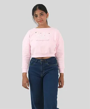 tweeny mini Cotton Full Sleeves Floral Embroidered Crop Sweater - Light Pink