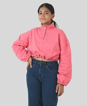 tweeny mini Cotton Full Sleeves Solid Zipper Sweatshirt - Raspberry Pink
