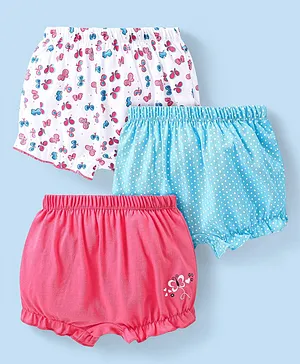 Babyhug 100% Cotton Above Knee Length Bloomer with Butterfly & Polka Dots Print Pack of 3 - White Pink & Blue